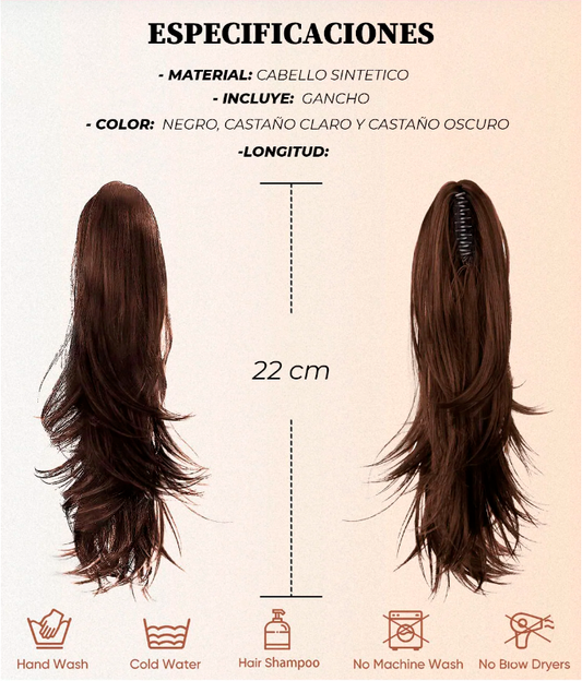 Extensión de cabello CASTAÑO CLARO en cola de caballo - Mide 22cms e incluye gancho