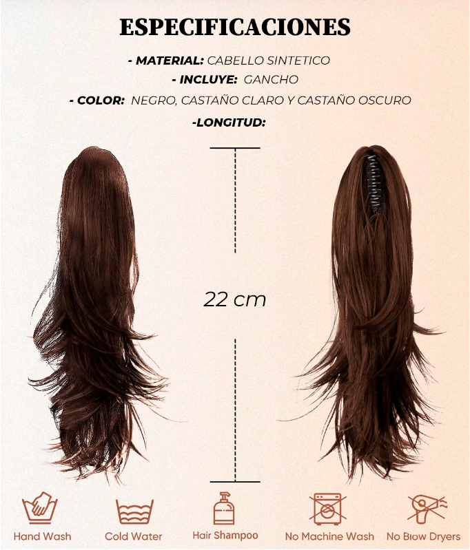 Extensión de cabello CASTAÑO CLARO en cola de caballo - Mide 22cms e incluye gancho