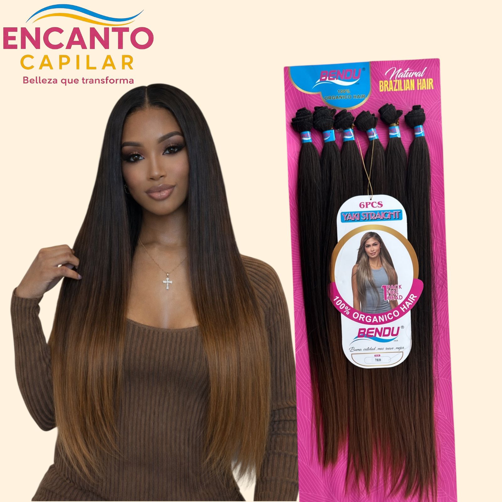 Extensiones lacias de cabello orgánico - Son 6 moños y miden 65 cms (se pueden planchar y lavar)