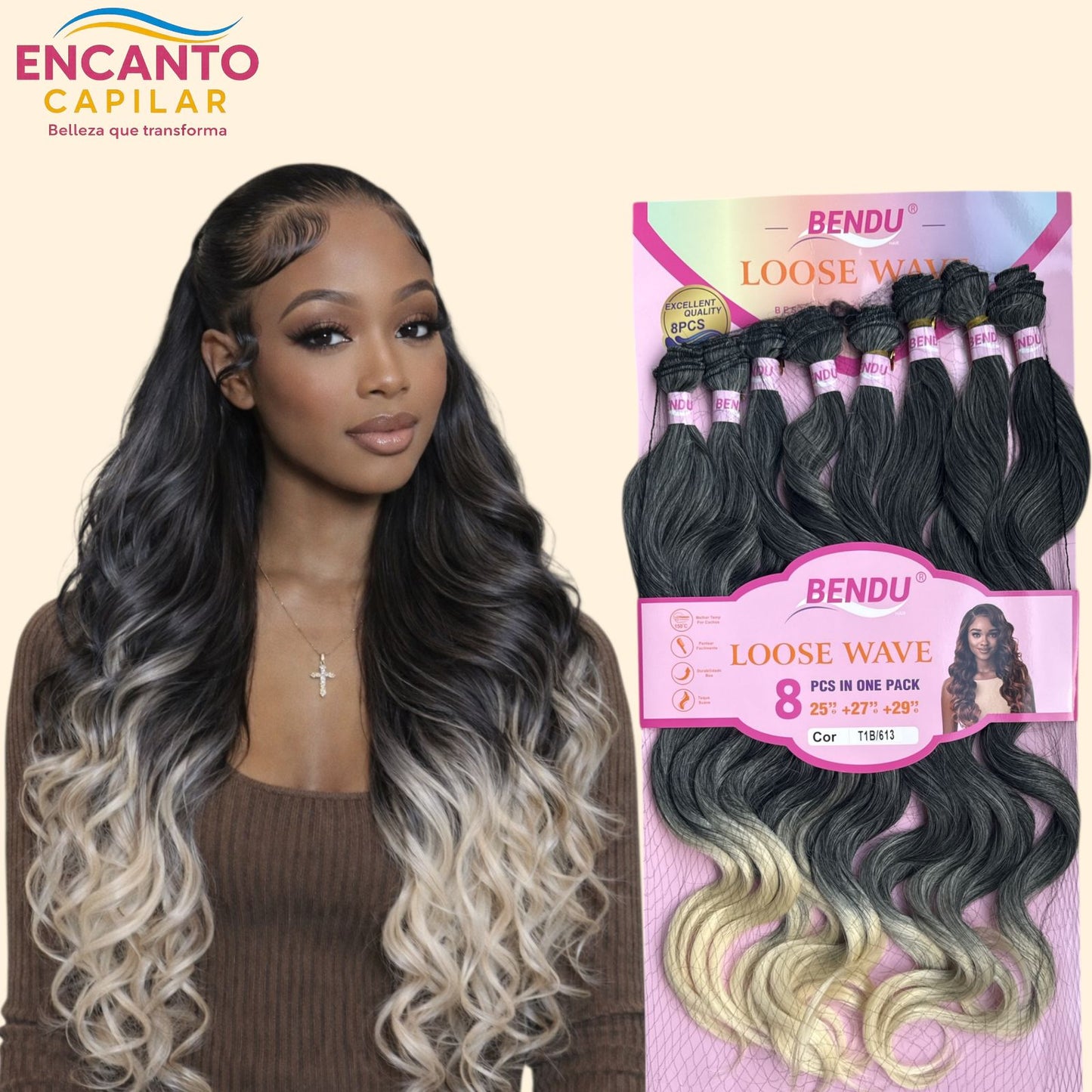 Extensiones onduladas de cabello orgánico x8 moños - Miden 70cms, se pueden planchar y lavar