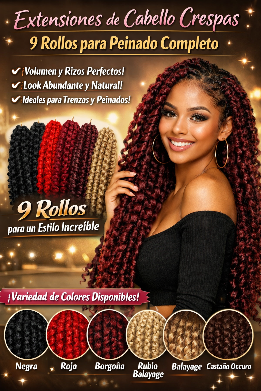 Extensiones crespas de cabello orgánico x9 moños- Miden 80cms y son lavables