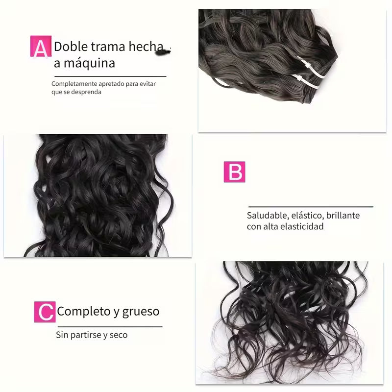 Extensiones semi naturales de clip de cabello crespo color NEGRO - Traen 6 clips de 30 pulgadas