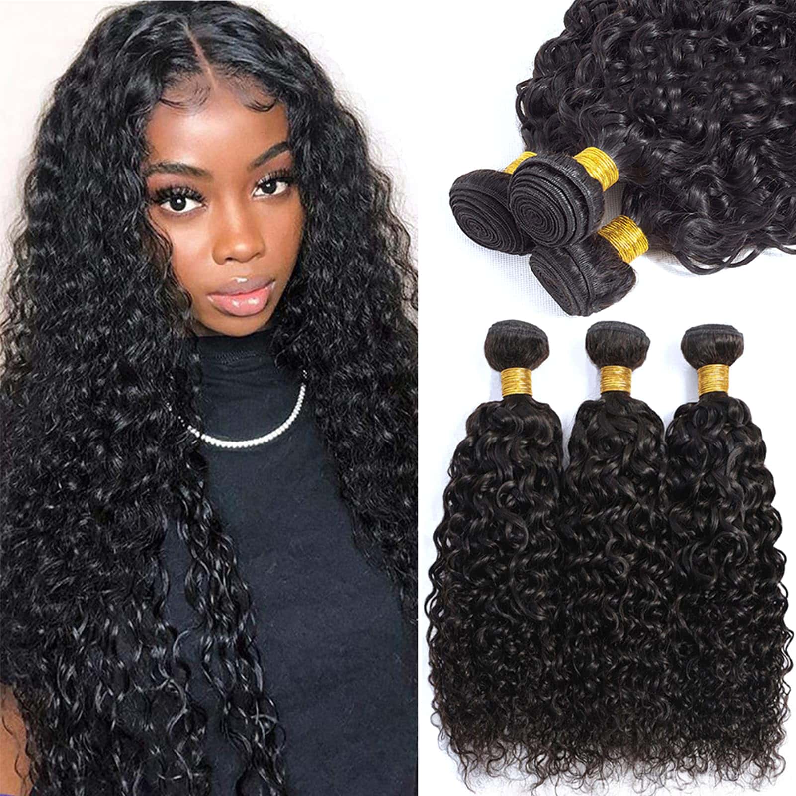 Extensiones semi naturales de clip de cabello crespo color NEGRO - Traen 6 clips de 30 pulgadas