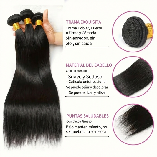 Extensiones brasileñas color NEGRO para ocultar la calvicie - Miden 70cms de largo y trae 7 clips