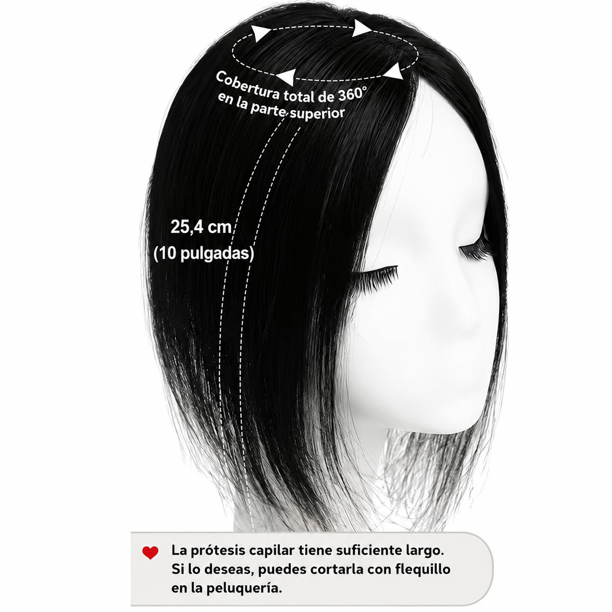 Prótesis capilar central 25 cm de cabello orgánico con flequillo para ocultar la calvicie