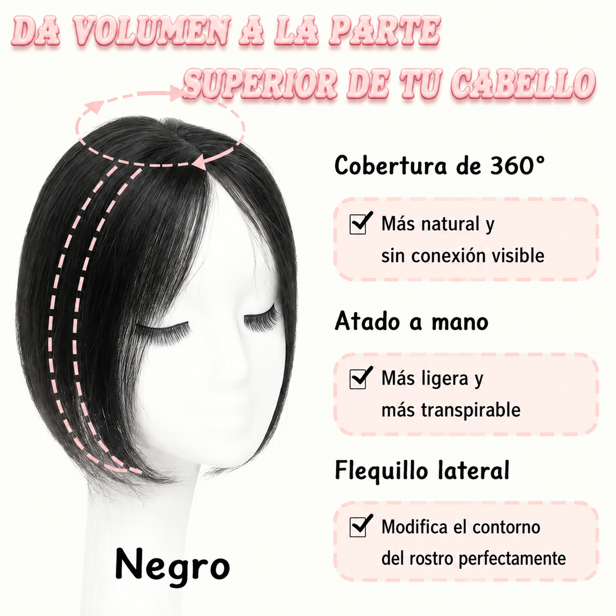 Prótesis capilar central 25 cm de cabello orgánico con flequillo para ocultar la calvicie